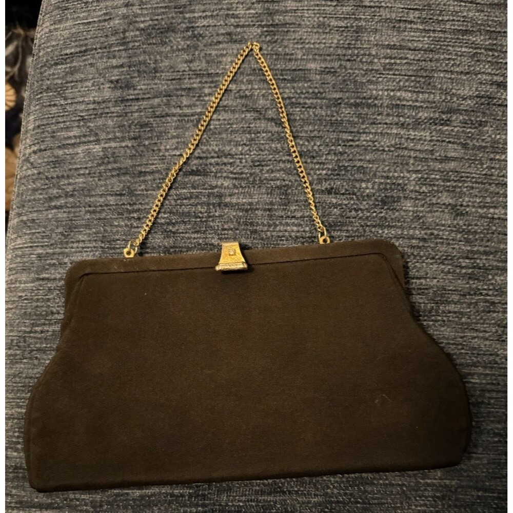 Vintage Mid Century Black Clutch Purse Handbag With Gold Tone Clasp And Chain